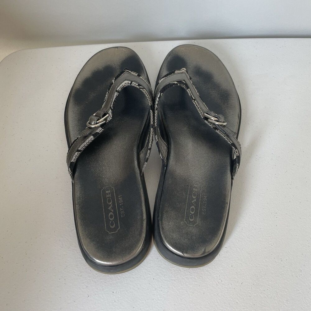 COACH Lindsey Leather Flip Flop Sandals Shoes Silver Gray Black Women's Size 8.5 - Picture 4 of 12